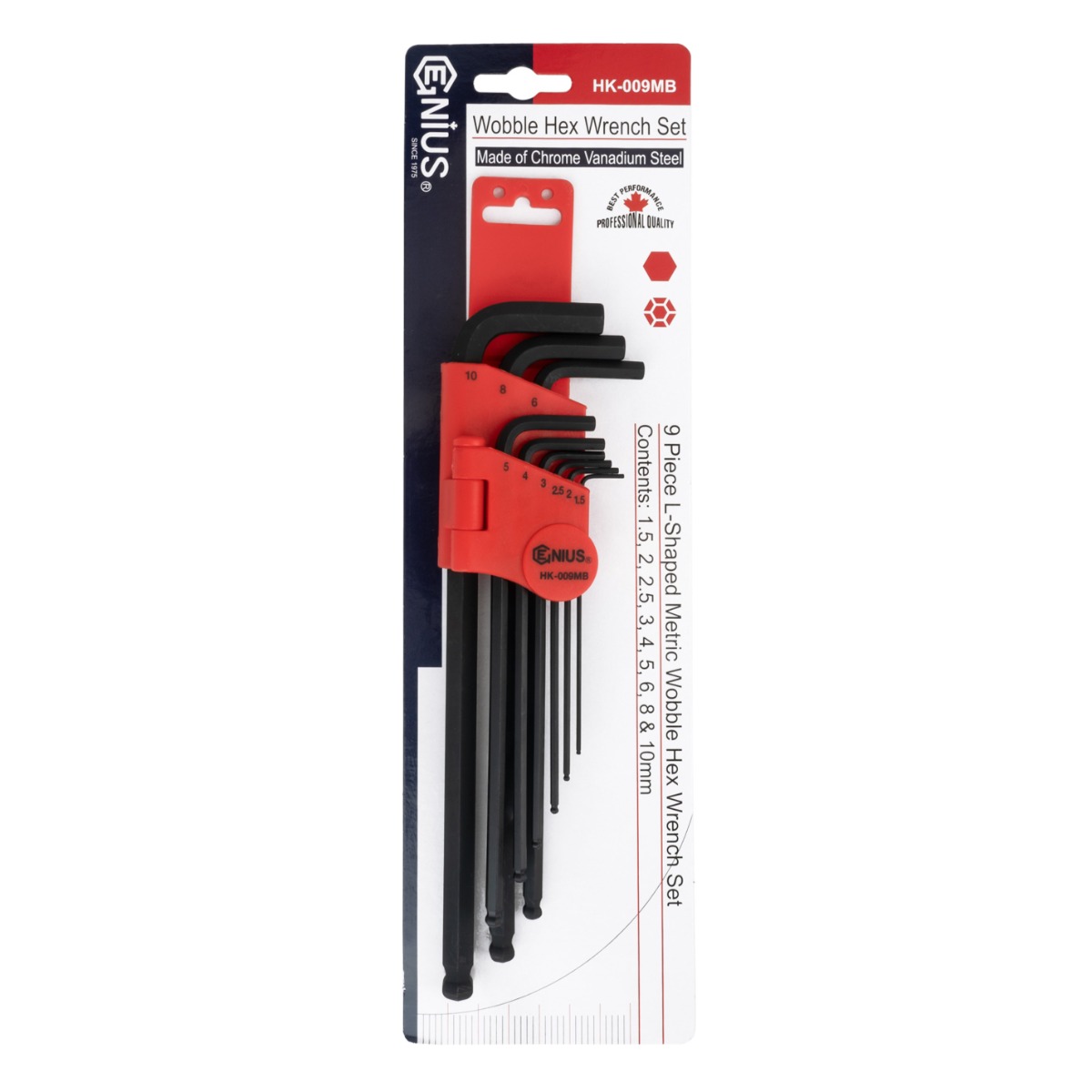 Genius Tools 9 Piece Metric Wobble Hex Key Wrench Set - HK-009MB