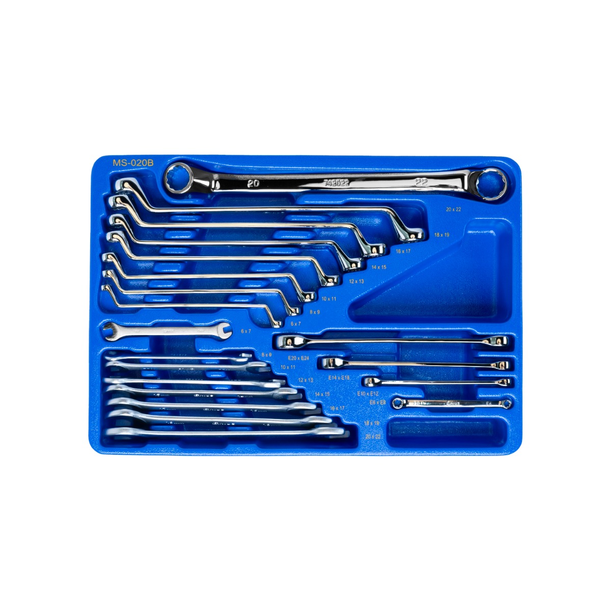 Genius Tools 20 Piece Metric Offset Box End, Open End & E-Star